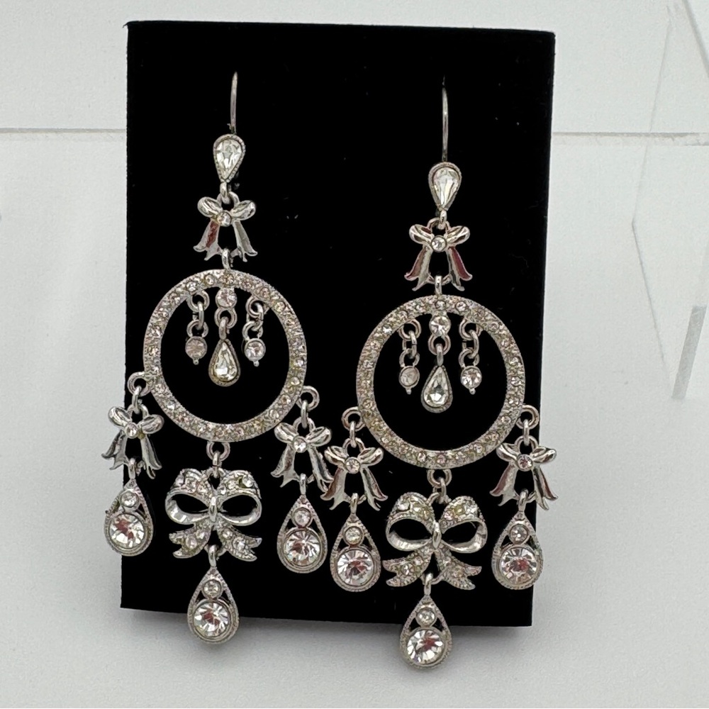 KJL Crystal Bow Chandelier Earrings Silver Tone New Signed Kenneth Jay Lane